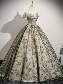 Lovely Round Neckline Floral Lace and Tulle Party Dress, Lace Applique Long Sweet 16 Dress