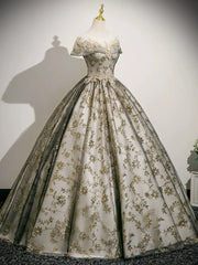 Lovely Round Neckline Floral Lace and Tulle Party Dress, Lace Applique Long Sweet 16 Dress