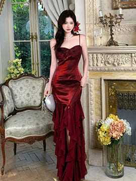 Wine Red Mermaid Straps Long Evening Dress, Wine Red Satin Floor Length Prom Dress