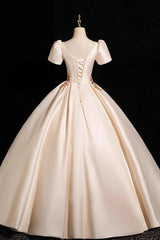 Champagne Satin Short Sleeves A-line Party Dress, Champagne Satin Long Evening Dress