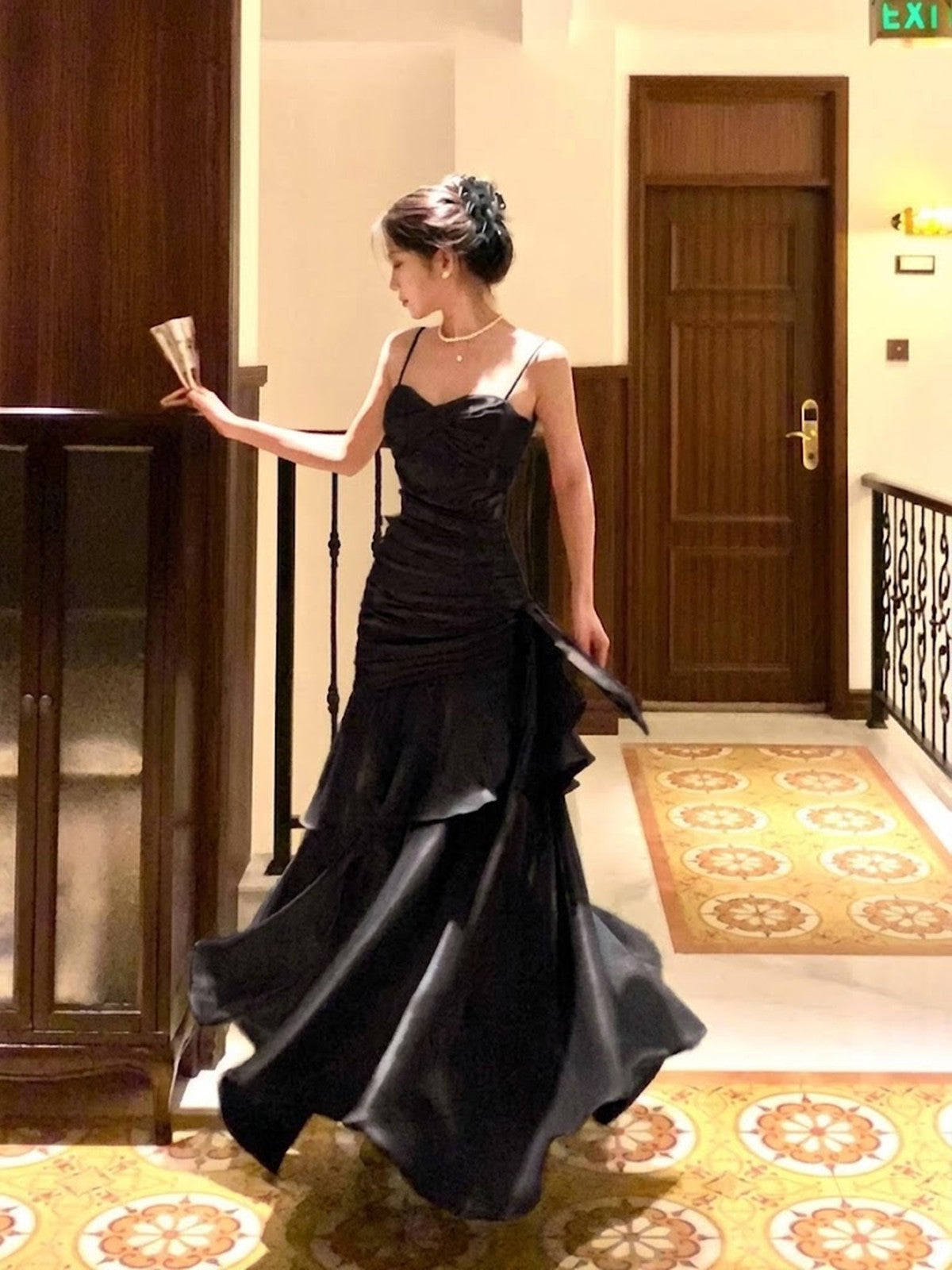 Black Sweetheart Straps Layers Long Prom Dress, Black Floor Length Evening Dress