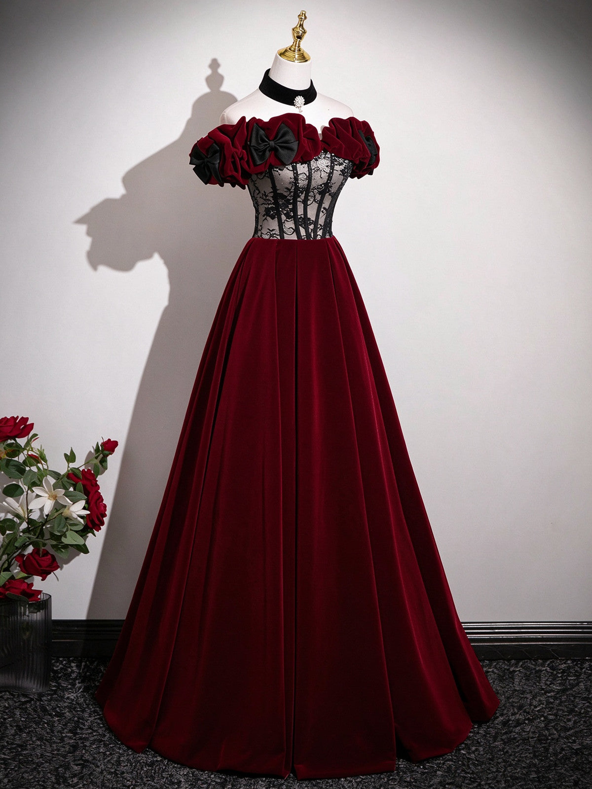 A-line Black and Red Velvet Off Shoulder Prom Dress, Long Party Dress Evening Dress
