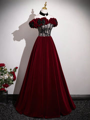 A-line Black and Red Velvet Off Shoulder Prom Dress, Long Party Dress Evening Dress