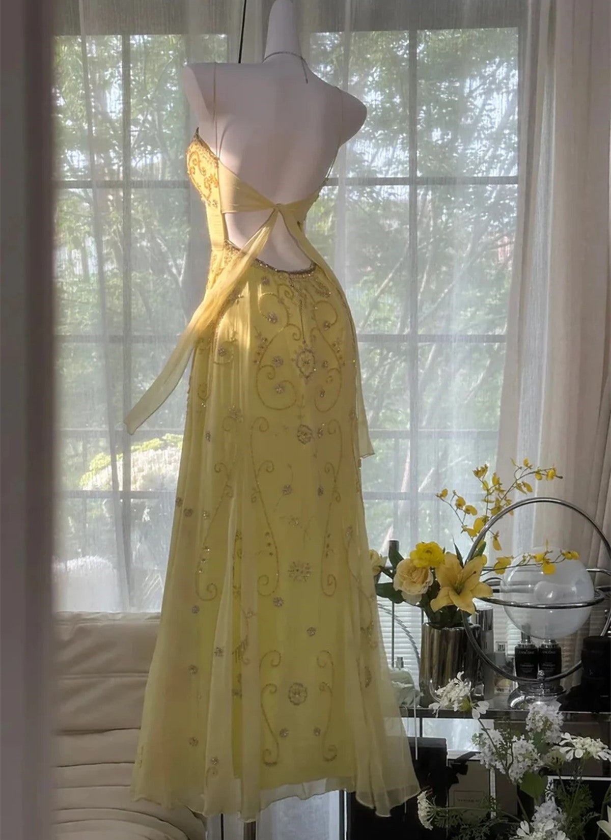 Elegant Chiffon Yellow Beaded Low Back Prom Dress, Yellow Sweetheart Straps Long Evening Formal Dress