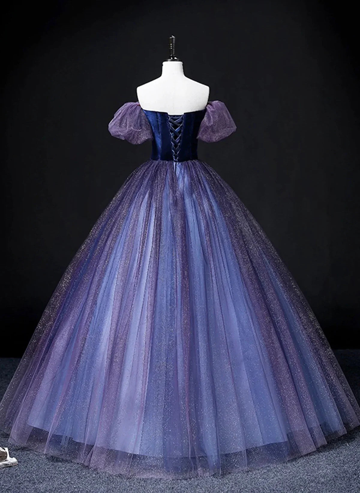Off Shoulder Purple Tulle and Velvet Long Party Dress, Purple Prom Dresses