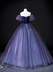 Off Shoulder Purple Tulle and Velvet Long Party Dress, Purple Prom Dresses