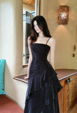 Black Satin Mermaid Straps Long Formal Dress, Black Cute Prom Dress Evening Dress