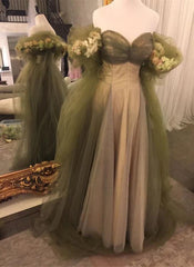 Green Tulle Prom Dress Off Shoulder Puff Sleeve Evening Gown,A-line Long Formal Dress with Floral Sleeves
