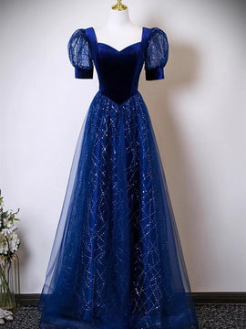 Blue A-line Short Sleeves Tulle and Velvet Party Dress, A-line Floor Length Prom Dress