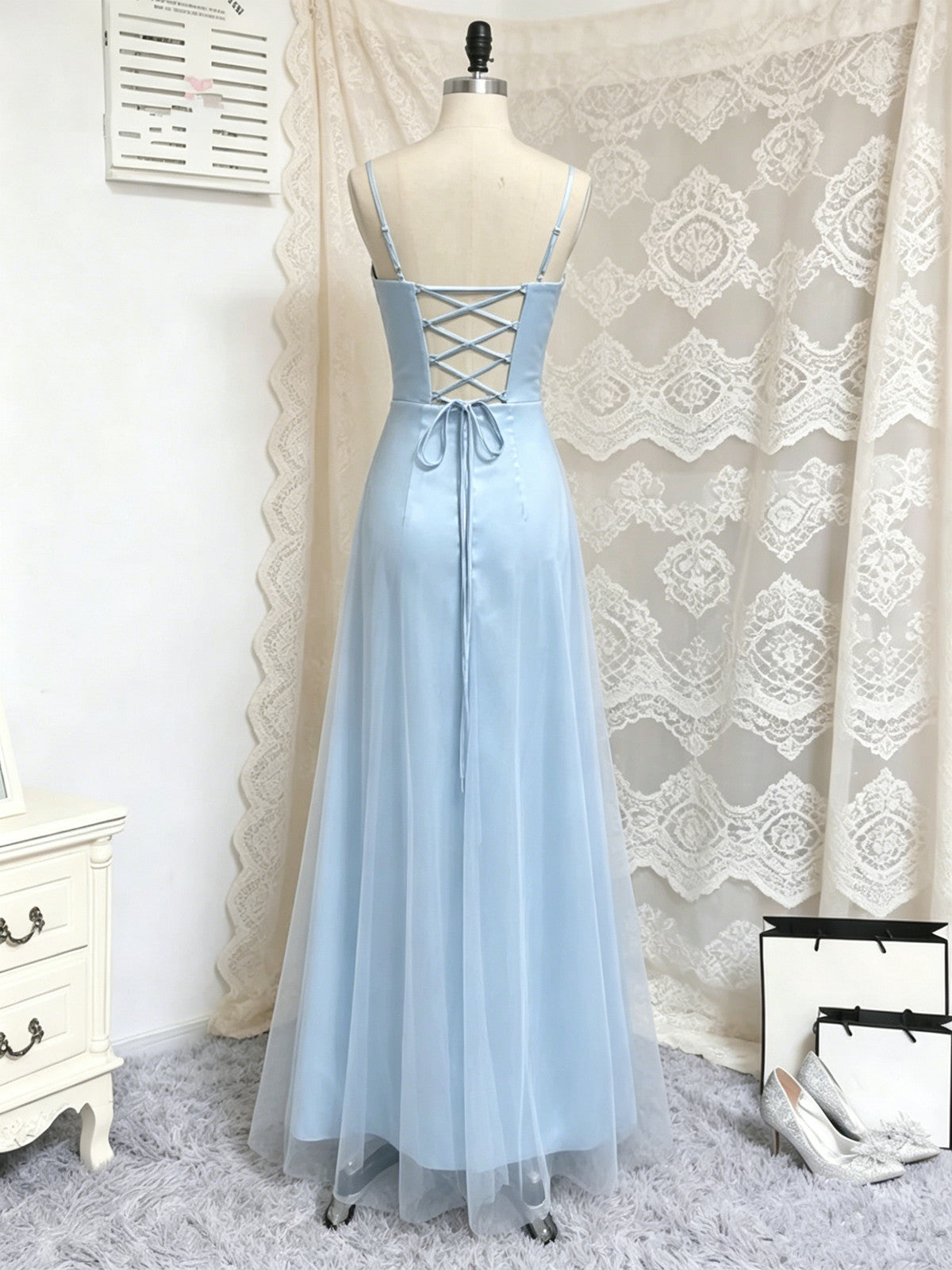 A-line Light Blue Satin and Tulle Straps Prom Dress, Light Blue Scoop Long Evening Dress