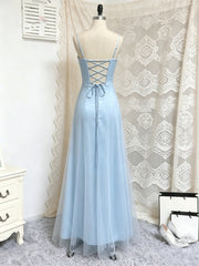 A-line Light Blue Satin and Tulle Straps Prom Dress, Light Blue Scoop Long Evening Dress
