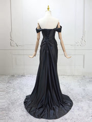 Black Mermaid Satin Off Shoulder Long Evening Dress, Black Satin Formal Dress Party Dress