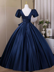 Navy Blue Satin Short Sleeves Low Back Prom Dress, Navy Blue Long Evening Dress
