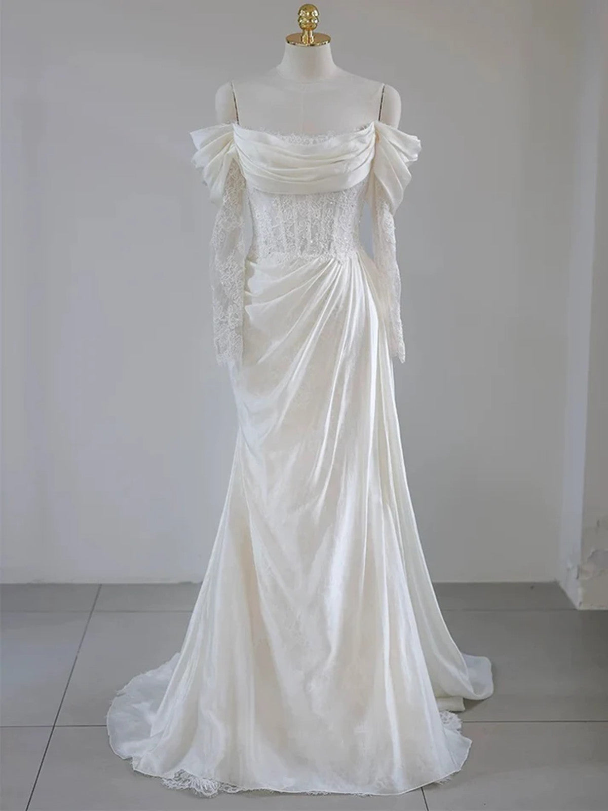 Ivory Satin and Lace Off Shoulder Long Sleeves Wedding Party Dress, Ivory Satin Formal Dress