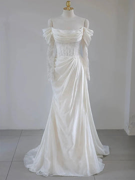 Ivory Satin and Lace Off Shoulder Long Sleeves Wedding Party Dress, Ivory Satin Formal Dress