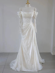 Ivory Satin and Lace Off Shoulder Long Sleeves Wedding Party Dress, Ivory Satin Formal Dress