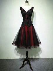 Black and Red Beaded V-neckline Homecoming Dress, Gothic Short Party Dress Evening Dress