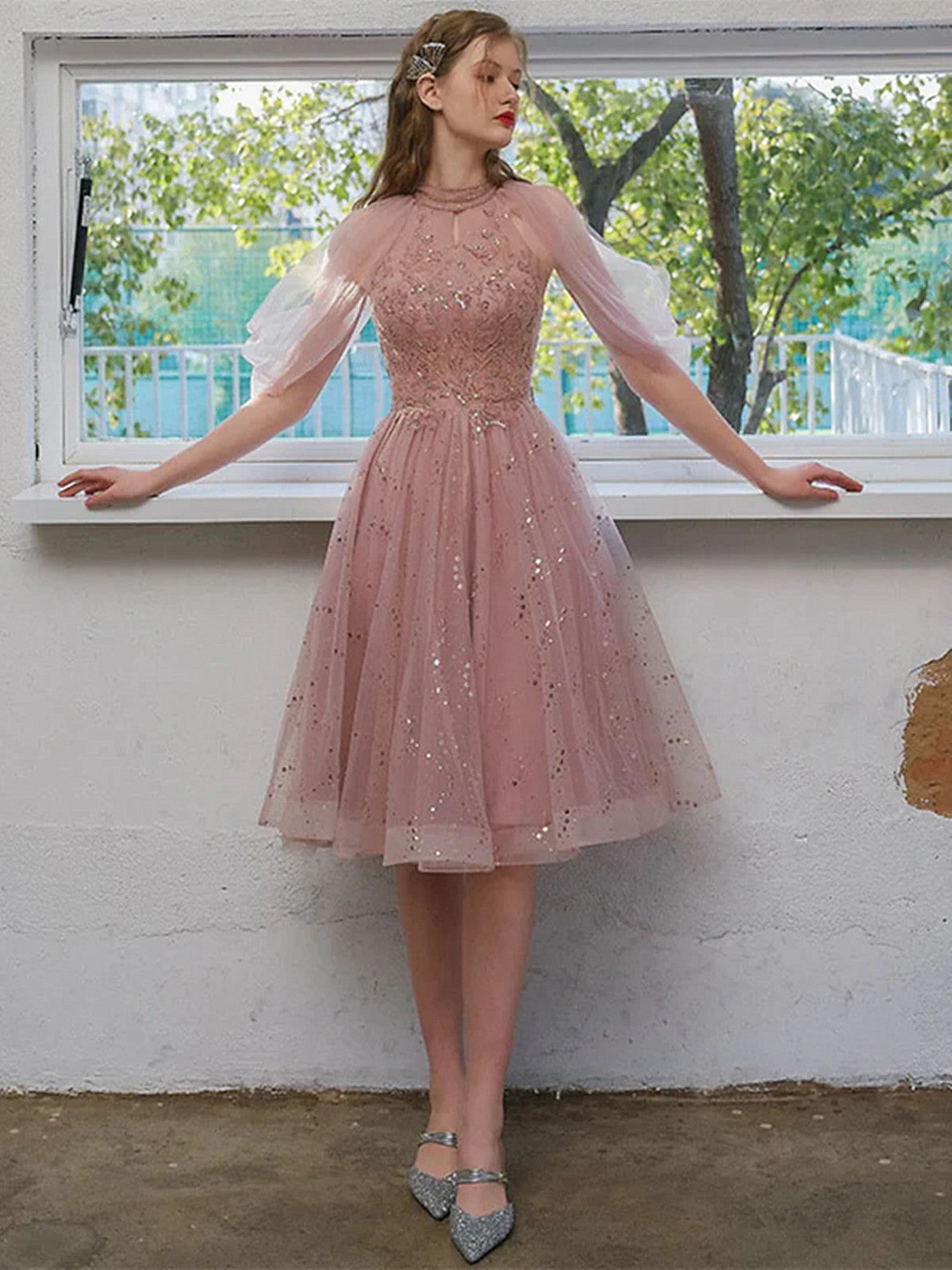 Pink Halter Shiny Tulle Knee Length Homecoming Dress, Pink Tulle Short Prom Dress