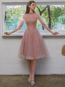 Pink Halter Shiny Tulle Knee Length Homecoming Dress, Pink Tulle Short Prom Dress