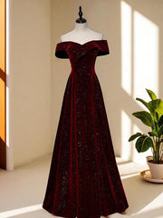 A-line Wine Red Velvet Floor Length Formal Dress, Wine Red Velvet Long Prom Dress