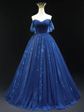 A-line Blue Tulle Sweetheart Off Shoulder Party Dress, Blue Tulle Evening Dress Prom Dress