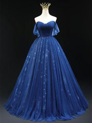 A-line Blue Tulle Sweetheart Off Shoulder Party Dress, Blue Tulle Evening Dress Prom Dress