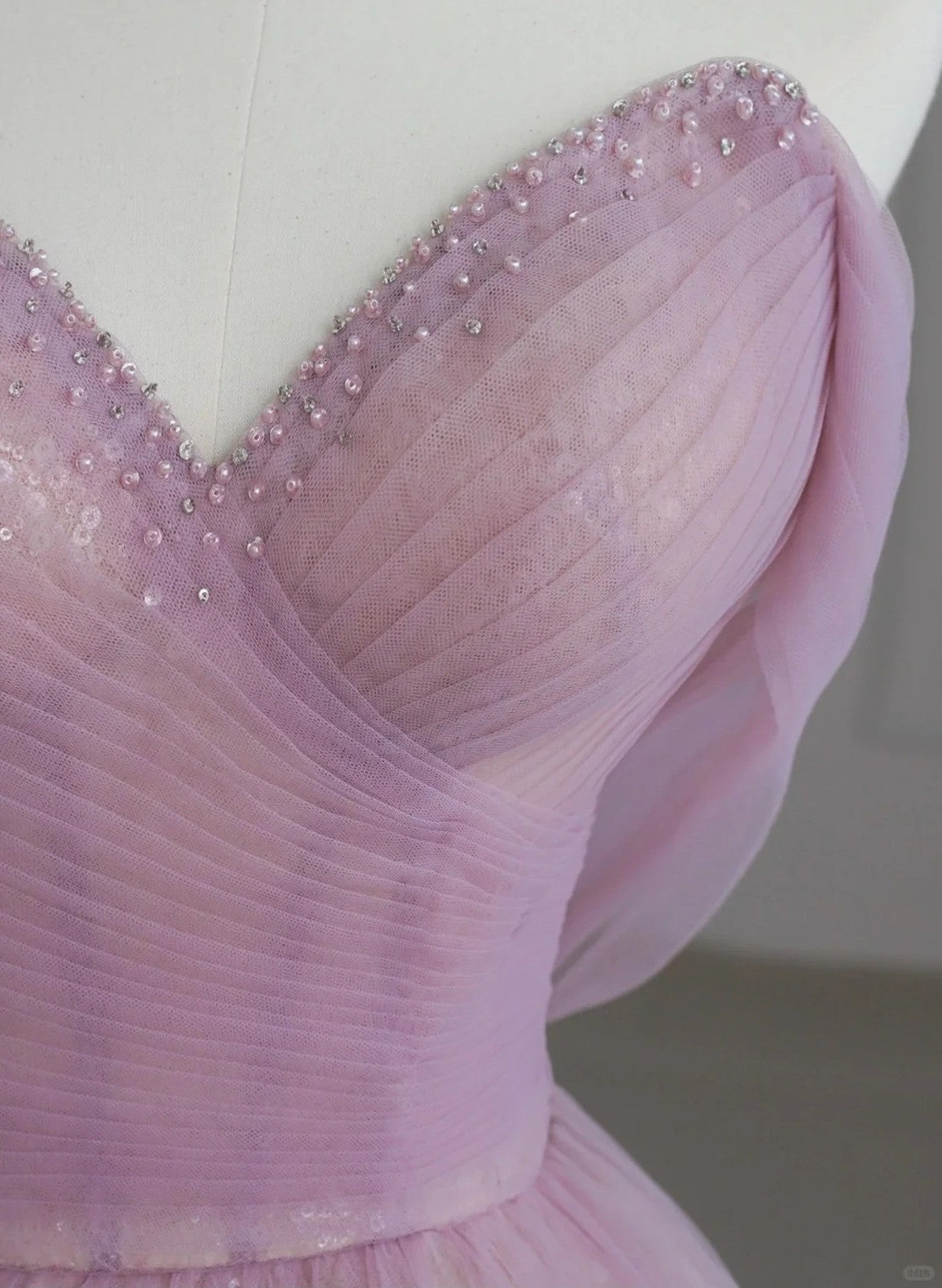 A-line V-neckline Beaded Tulle Off Shoulder Prom Dress, Pink Tulle Evening Dress