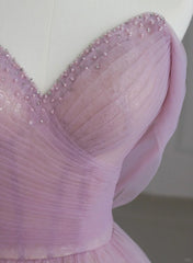A-line V-neckline Beaded Tulle Off Shoulder Prom Dress, Pink Tulle Evening Dress