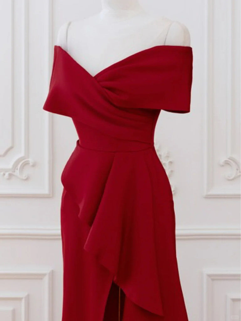 Off Shoulder Wine Red Long Party Dress, Aline Wine Red Evening Dress — free download