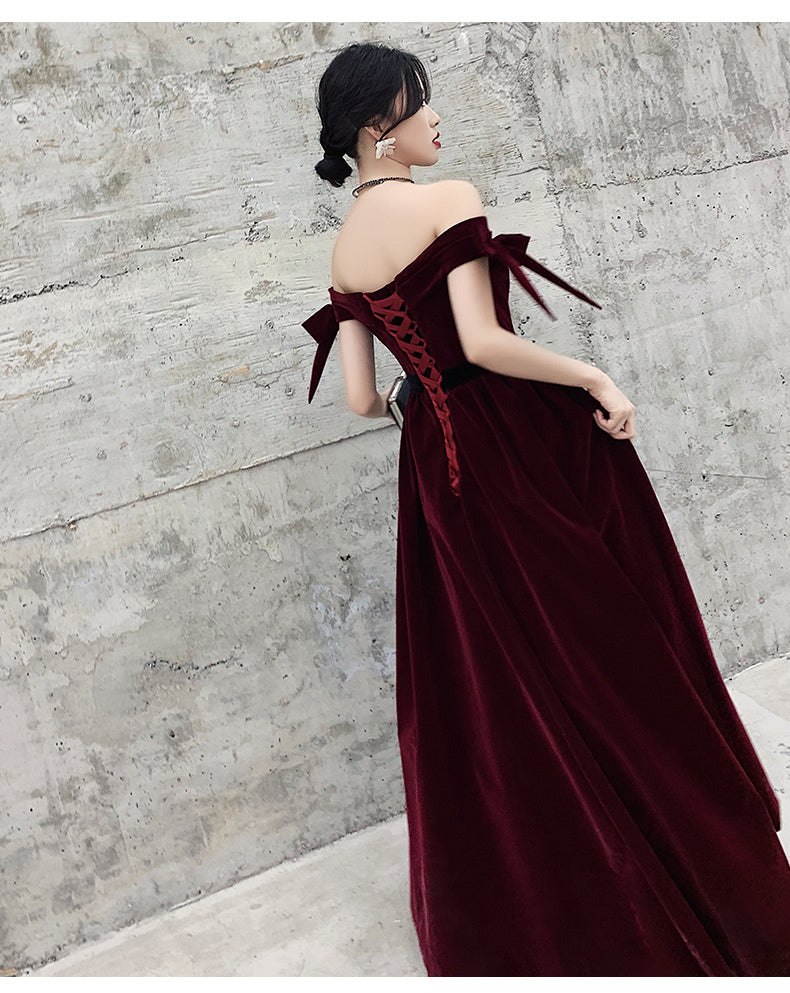 Wine Red Velvet Off Shoulder Party Dress, A-line Velvet Bridesmaid Dre Cutedressy Wine Red Velvet Off Shoulder Party Dress, A-line Velvet Bridesmaid Dre Cutedressy