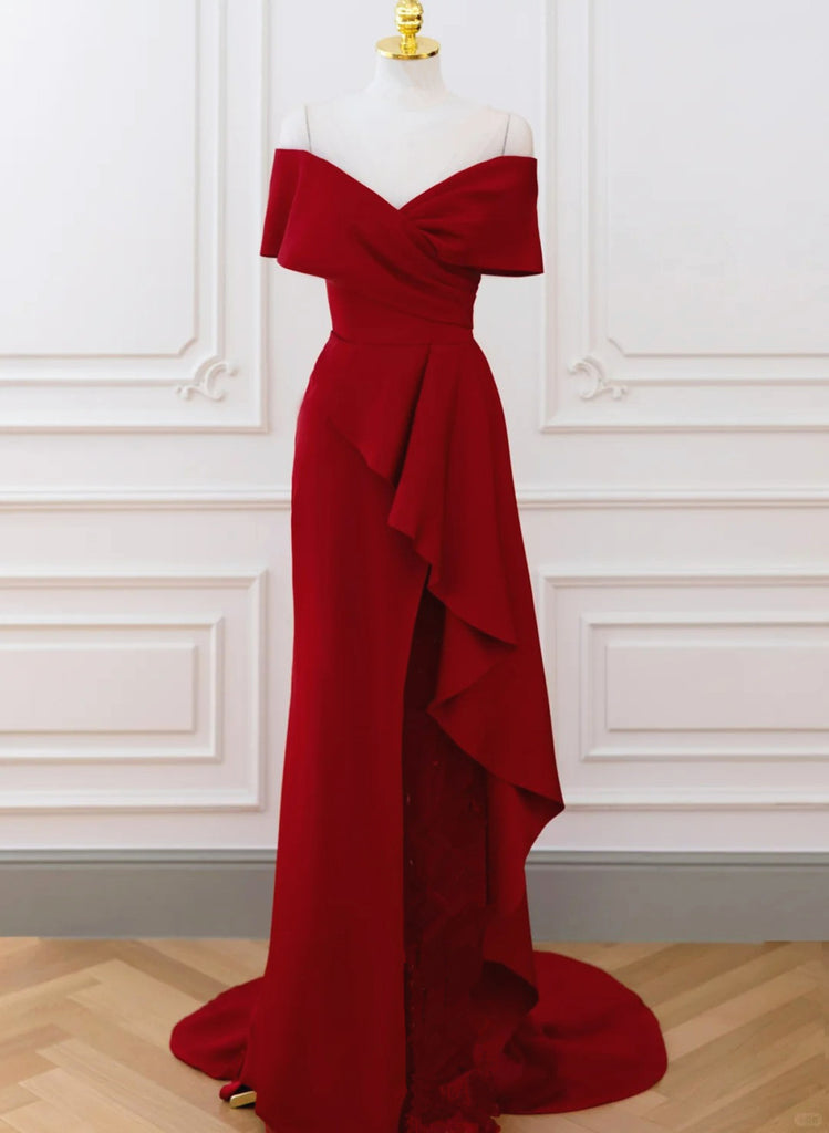 Wine Red A Line Off Shoulder Maxi Midi Evening Dress