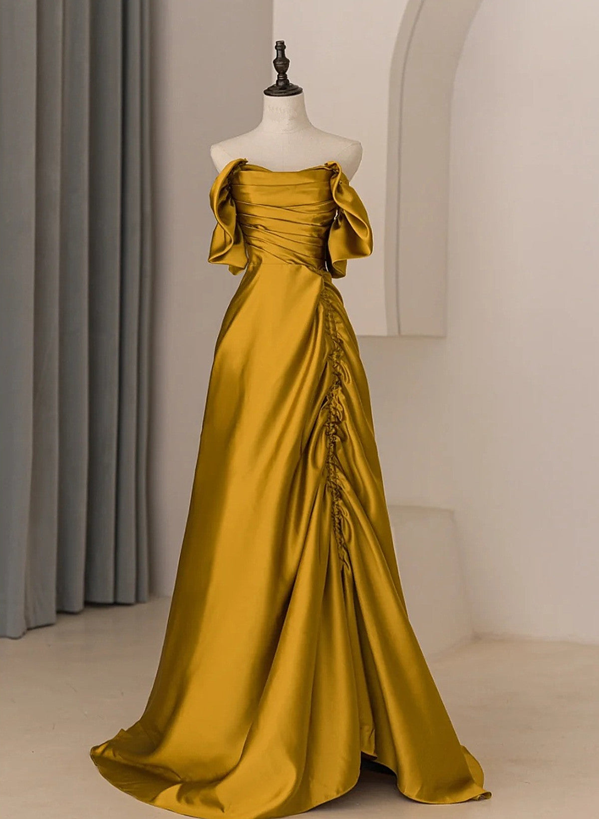 Gold Satin Off Shoulder Long Evening Dress, Gold Satin Prom Dress ...