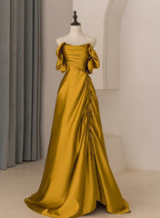 Gold Satin Off Shoulder Long Evening Dress, Gold Satin Prom Dress