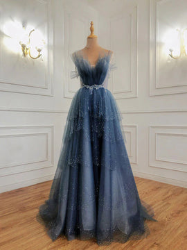 Dark Blue Beaded Straps Low Back Tulle Prom Dress, Blue A-line Evening Dress