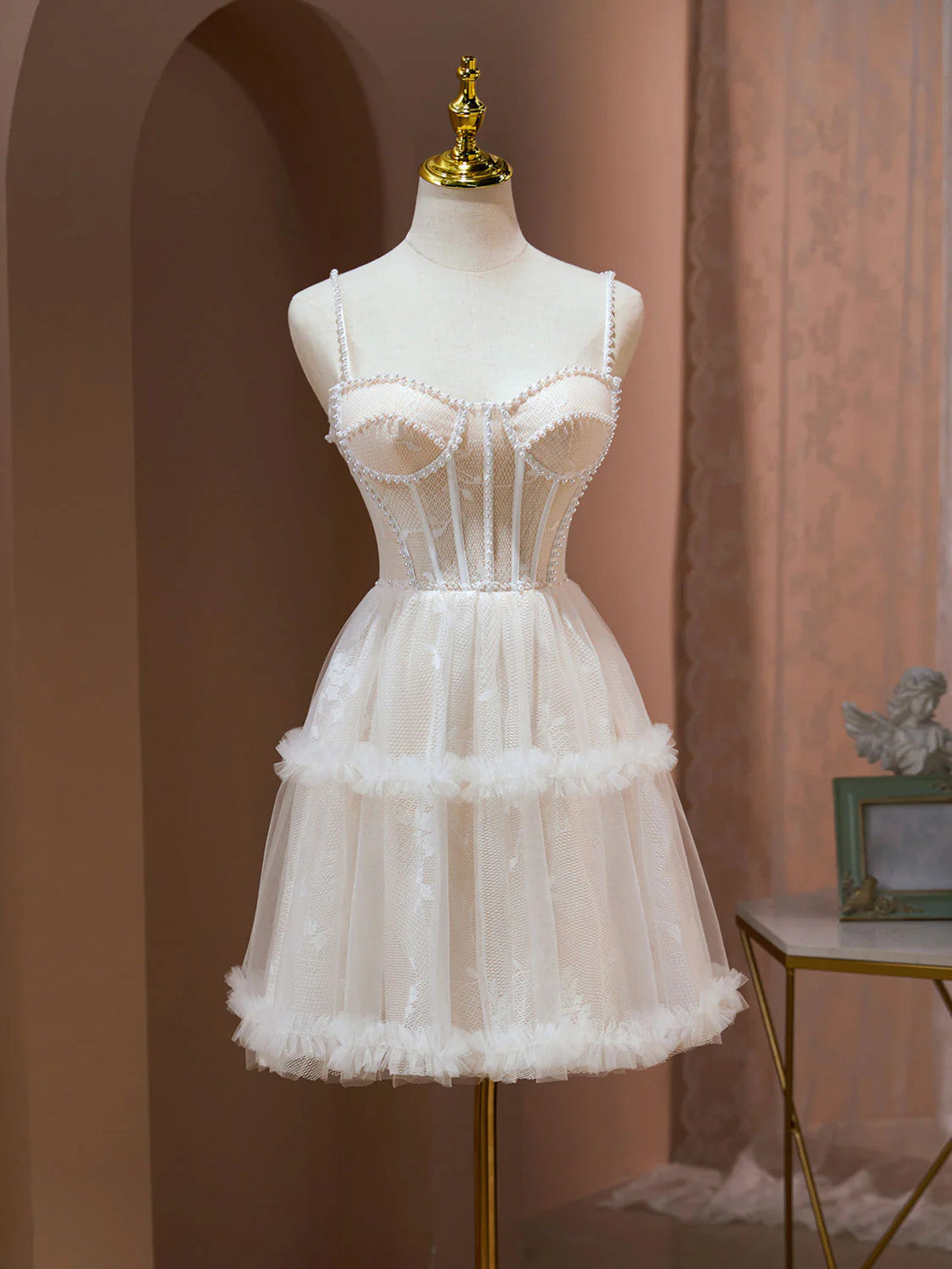Ivory Tulle Pearls Knee Length Sweetheart Homecoming Dress, Ivory Tulle Short Party Dress