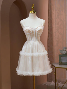 Ivory Tulle Pearls Knee Length Sweetheart Homecoming Dress, Ivory Tulle Short Party Dress