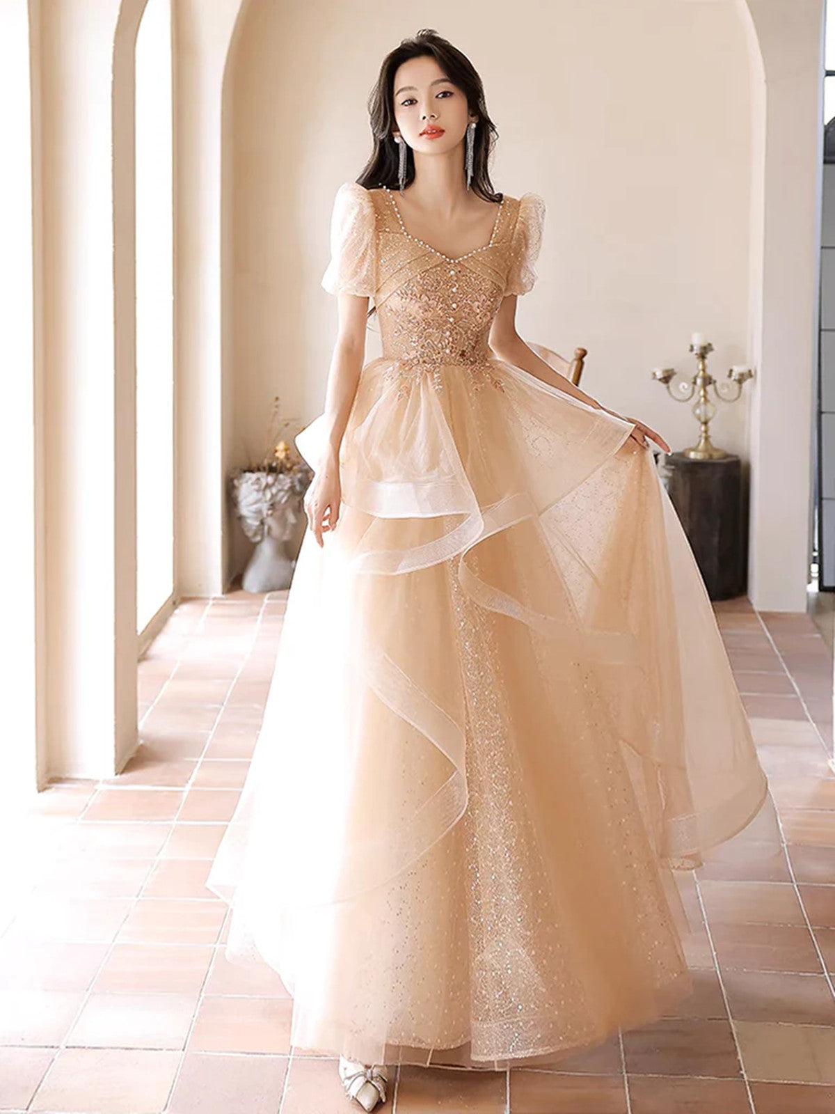 A-line Champagne Short Sleeves Tulle with Lace Party Dress, A-line Tulle Long Prom Dress