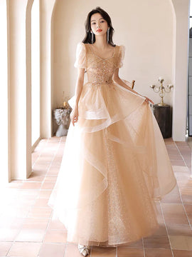 A-line Champagne Short Sleeves Tulle with Lace Party Dress, A-line Tulle Long Prom Dress