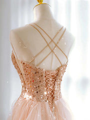 Champagne Tulle and Sequins Straps Party Dress, A-line Sequins Short Homecoming Dress