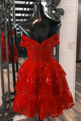 Sparkly Wine Red Corset Tiered Lace A-Line Short Homecoming Dress, Wine Red Party Dress