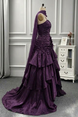 Charming Purple High Low Satin Straps Layers Prom Dress, Gothic Purple Long Party Dress