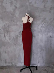 Charming Wine Red Halter Off Shoulder Party Dress, Wine Red Floor Length Long Prom Dress