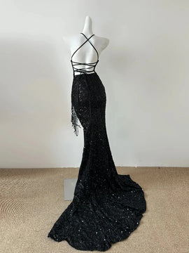 Black Sequins Mermaid High Low Lace-up Party Dress, Black Sequins Formal Dress