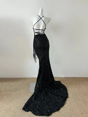 Black Sequins Mermaid High Low Lace-up Party Dress, Black Sequins Formal Dress