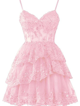 Pink Tulle Sweetheart with Lace Applique Prom Dress, Pink Tulle Short Homecoming Dress