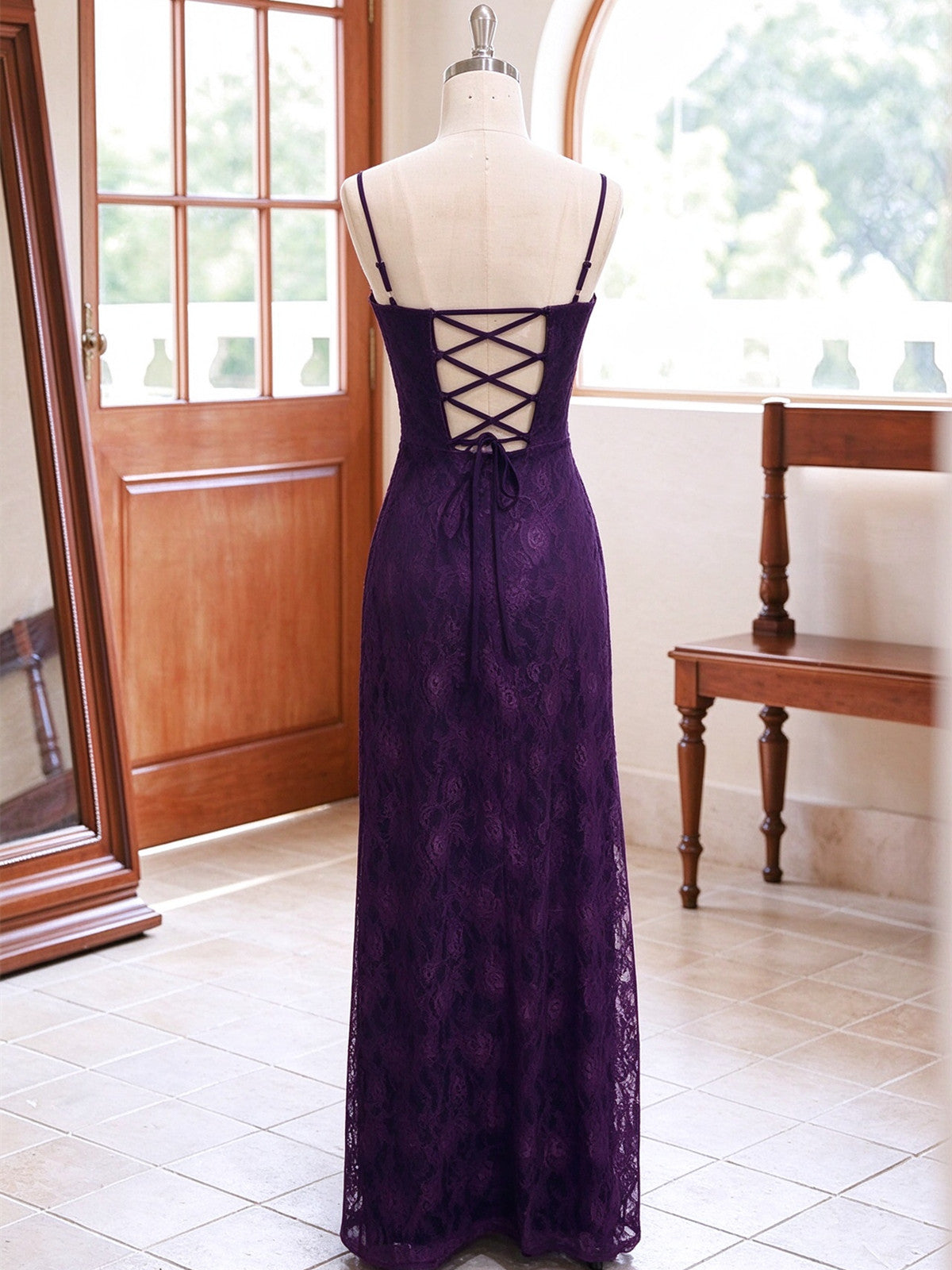 Purple Lace Spaghetti Strap Backless Maxi Prom Dress, A-line Purple Long EVening Dress