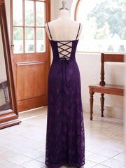 Purple Lace Spaghetti Strap Backless Maxi Prom Dress, A-line Purple Long EVening Dress