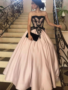 Pink Satin with Black Lace Sweetheart Prom Dress, Pink Satin Sweetheart Party Dress