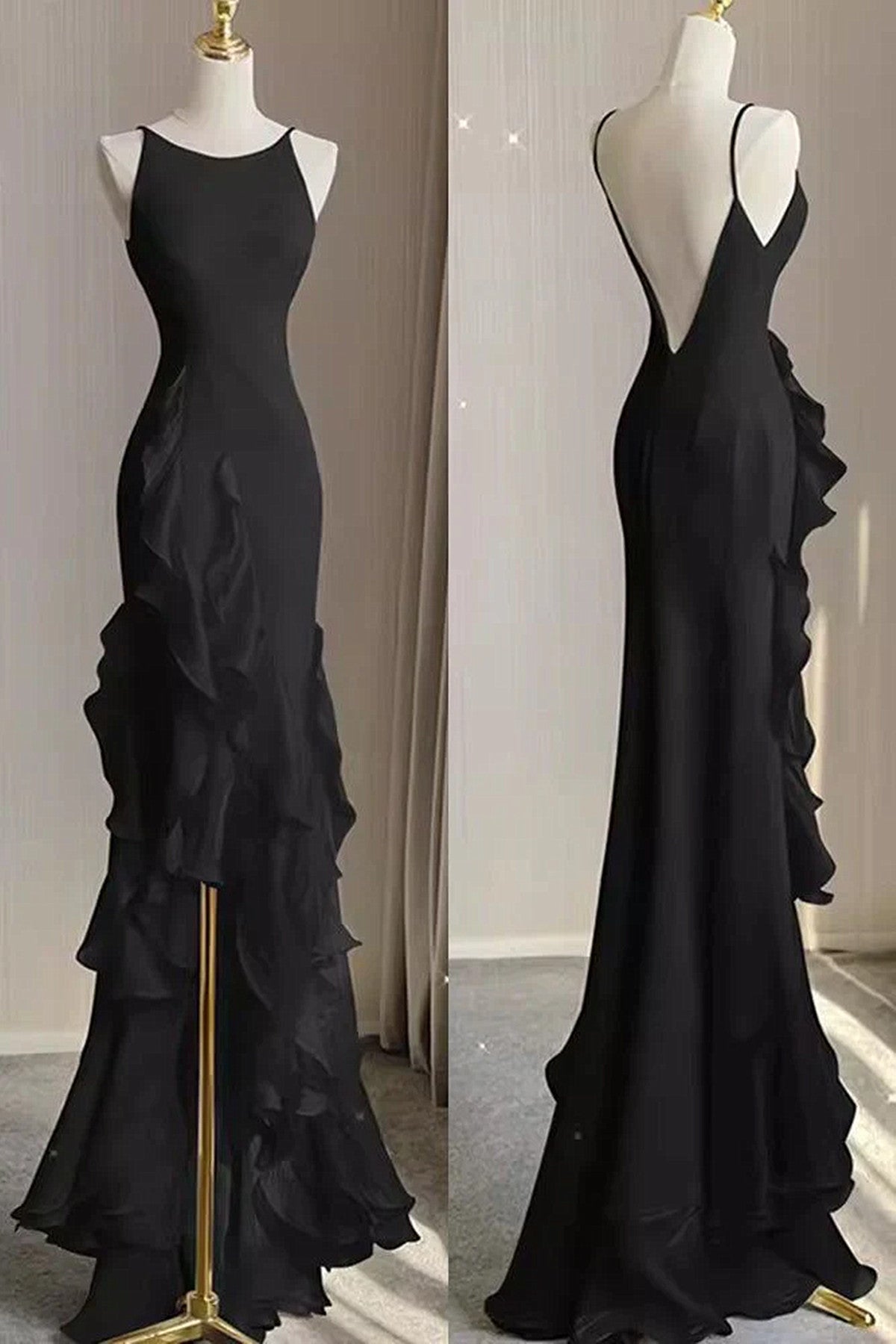 Black Chiffon Low Back Straps Floor Length Party Dress, Black Chiffon Long Prom Dress