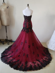 Wine Red Tulle with Black Lace Applique Mermaid Party Dress, Wine Red Tulle Evening Dress